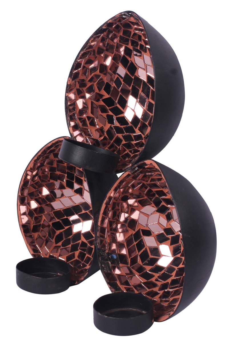 9” Wall-Mounted 3 Tea-Light Holders in Iron with Mirror-Work - Black & Copper Color - Mosaic Art / Home Decor from India - Buy in Bulk Wholesale